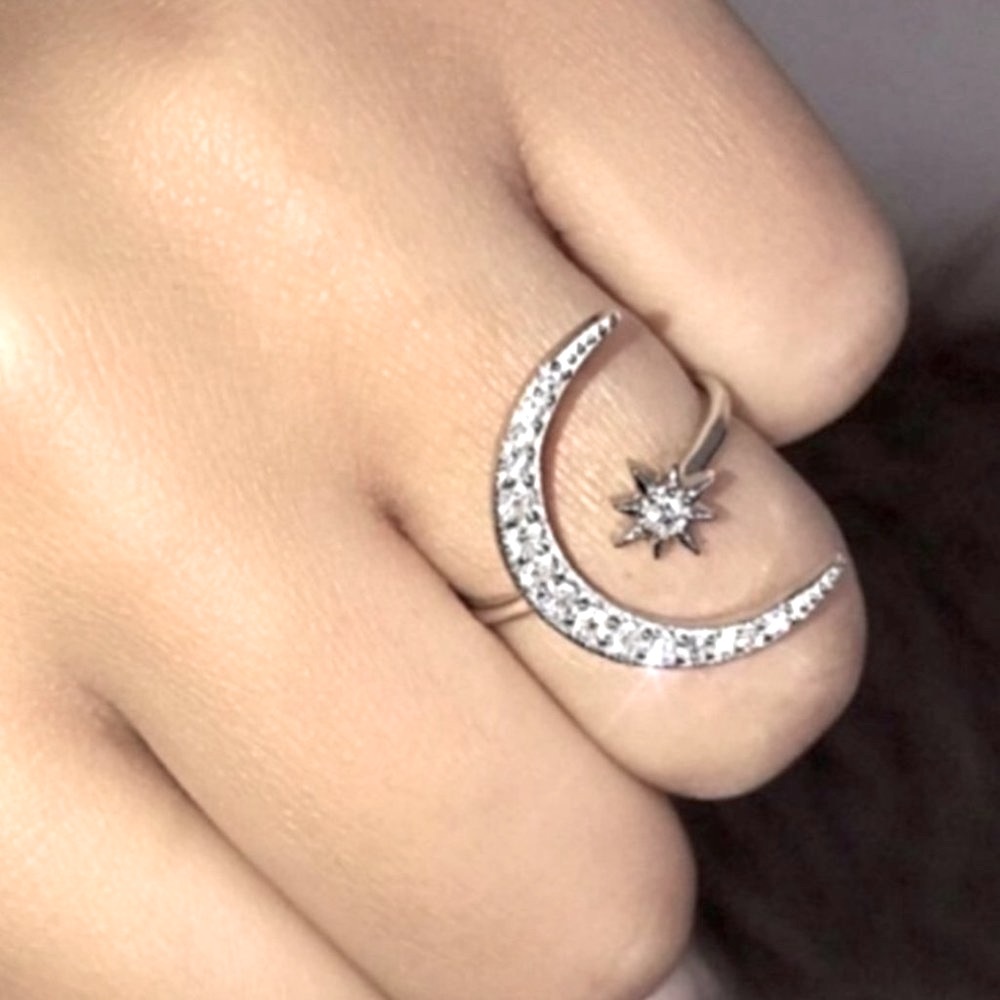 New 925 Silver Diamond Star Moon Ring